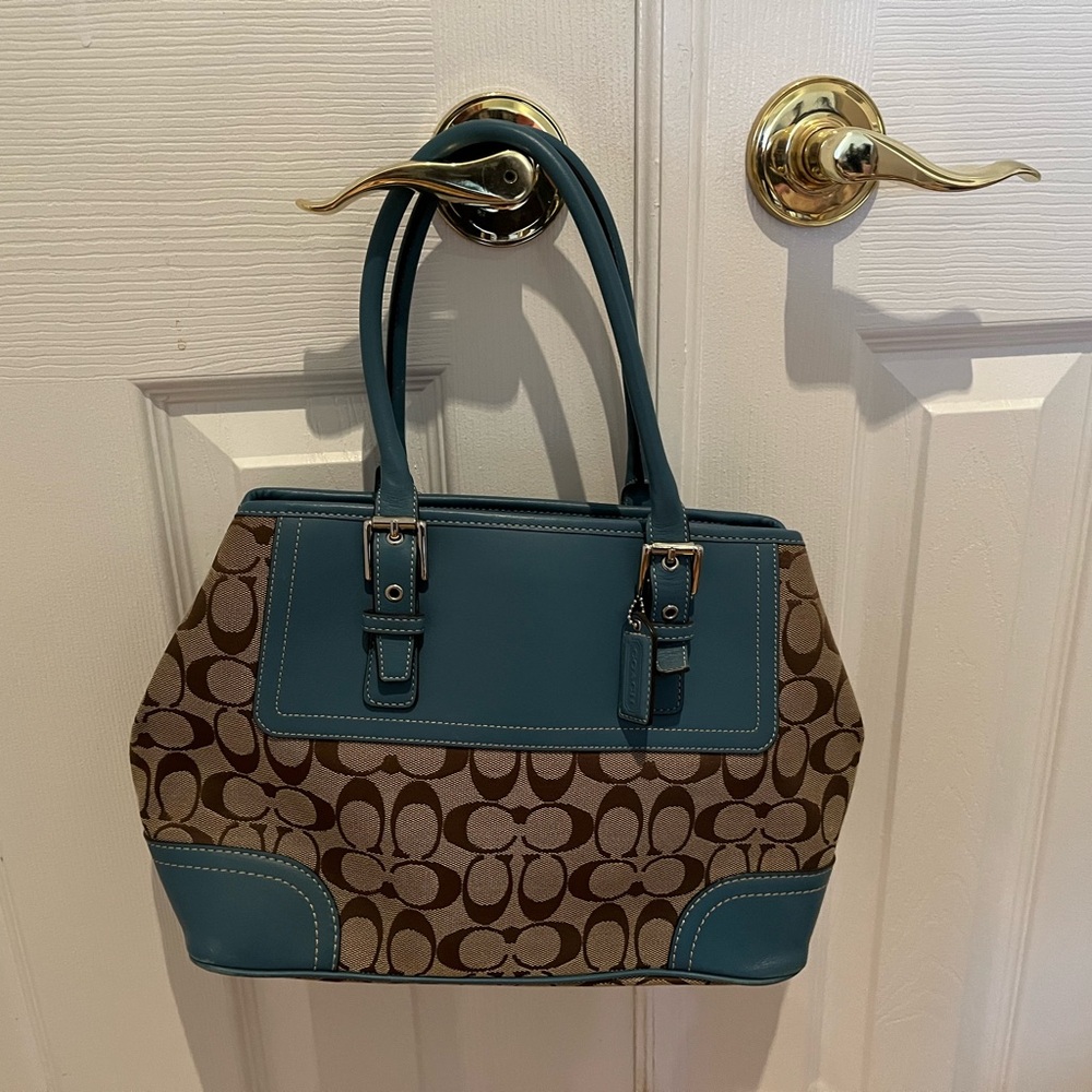 Coach Brown and Blue Signature Tote Bag with Color Blocking